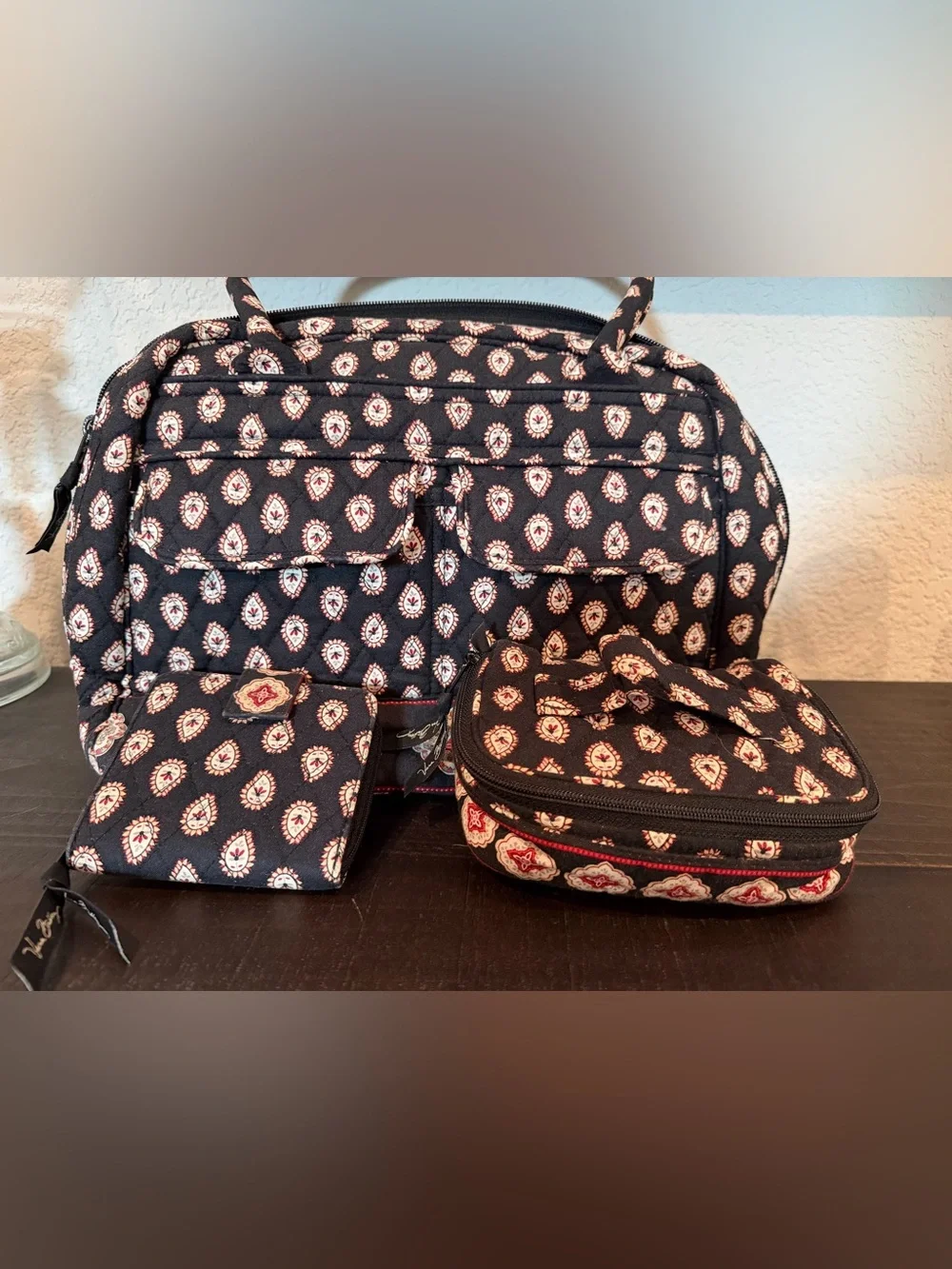Quilted Black Paisley Tote Set - Travel Bag with Accessories